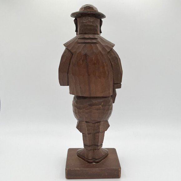 Vintage Hand Carved Brown Wooden Folk Art Figurine Rustic Man Mid Century Statue - Picture 4 of 10